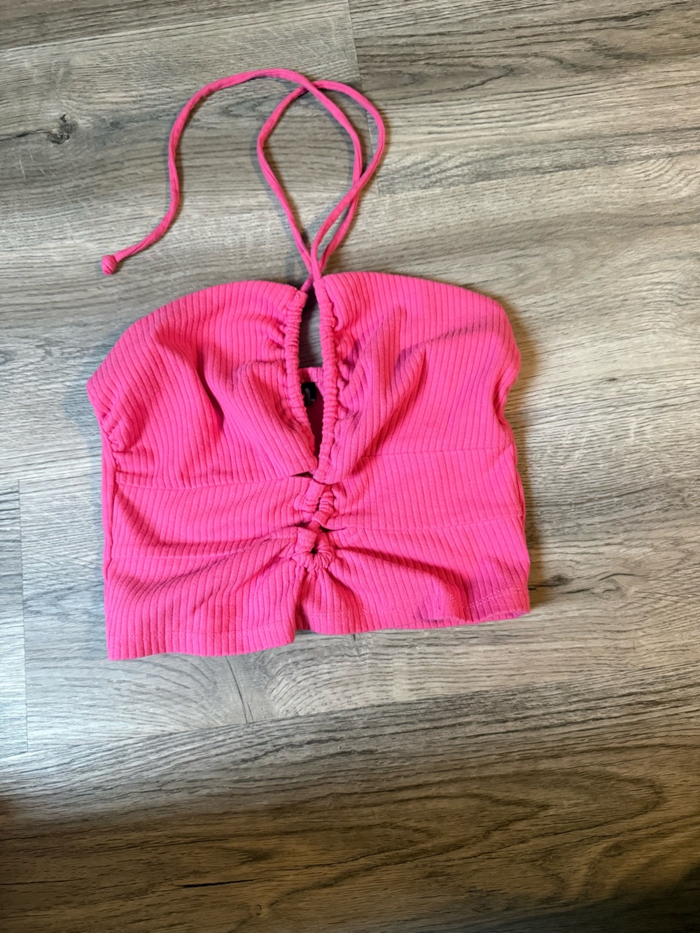 Pink Ribbed Drawstring Crop Top